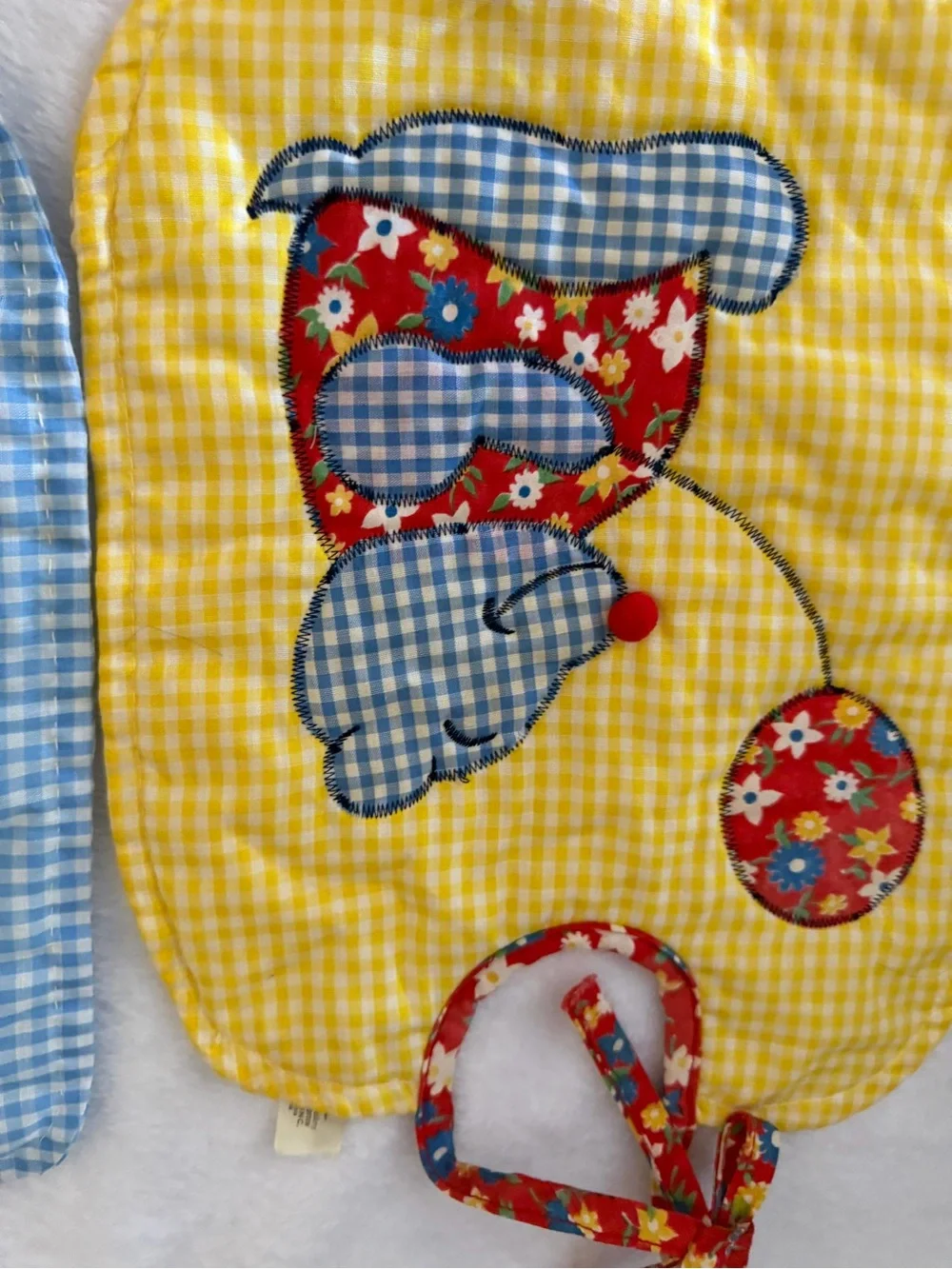 Vintage baby Yellow, Blue, Green Gingham Applique Bib Set